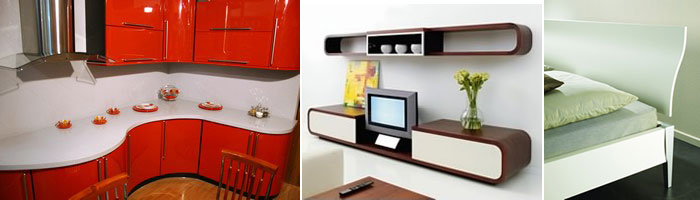 Пример фигурной кухонной столешницы с гнутыми мебельными фасадами